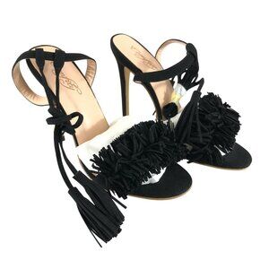Comfity Womens Heels Faux Leather Fringe Open Toe Stilettos Lace Up Black 7